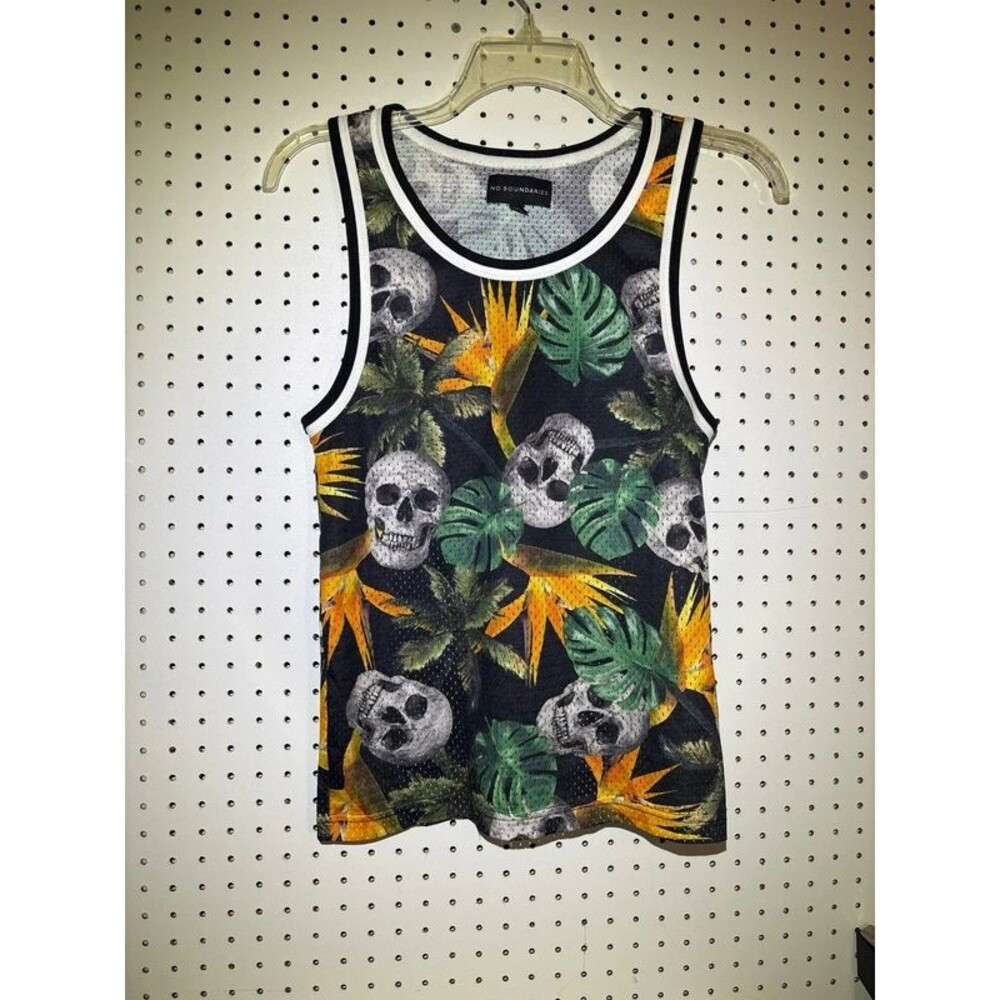 No Boundaries Men’s XS Tropical Skull Floral Mesh Tank Top Black Sleeveless
